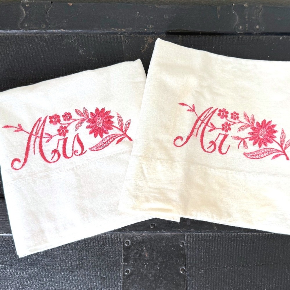 Vintage Mr and Mrs Embroidered Pillowcase Set White Red Floral Wedding Gift 2pc